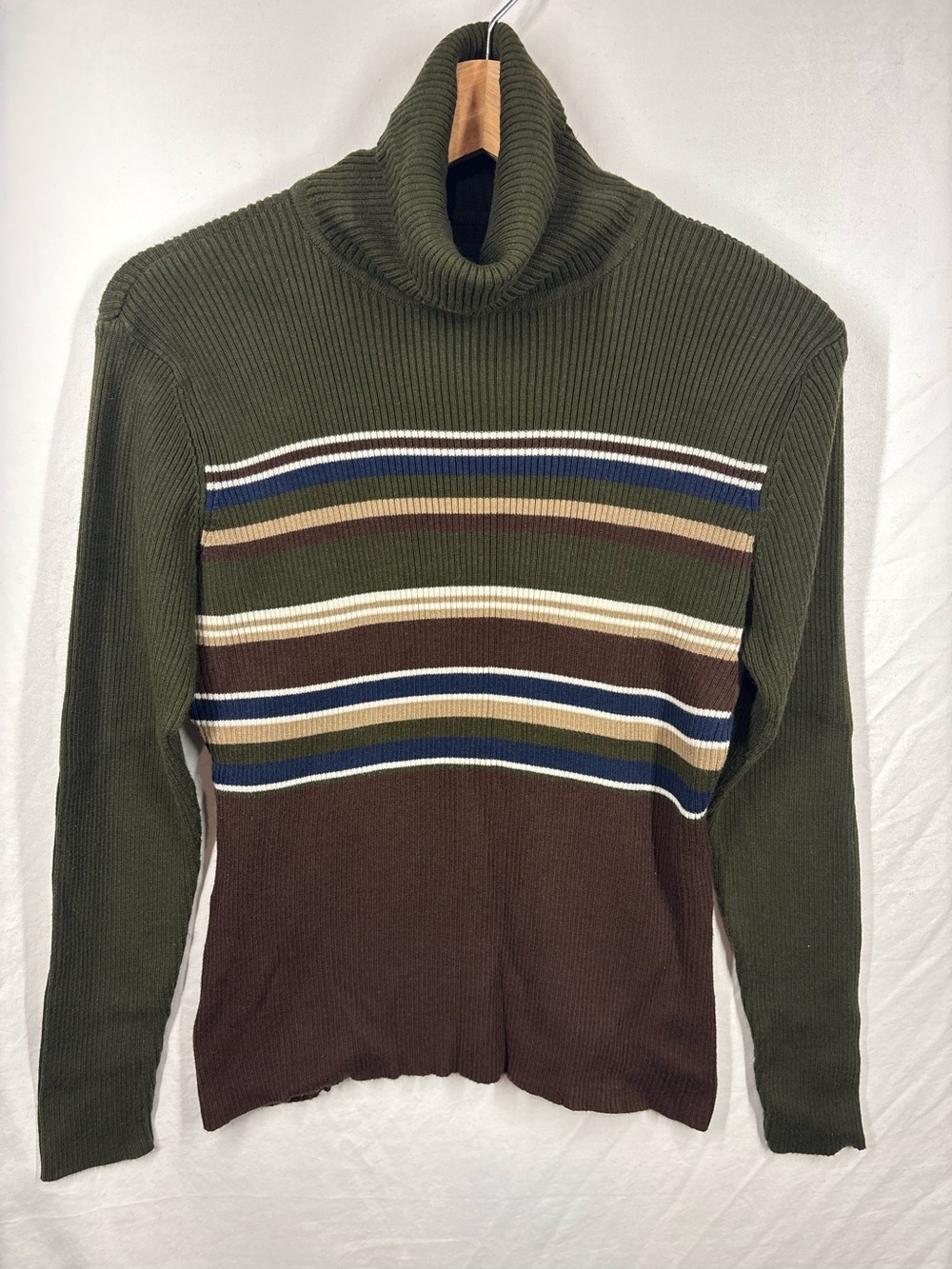 Y2K Hunt Club Striped Ribbed Turtleneck Sweater Women’s Large Brown Olive